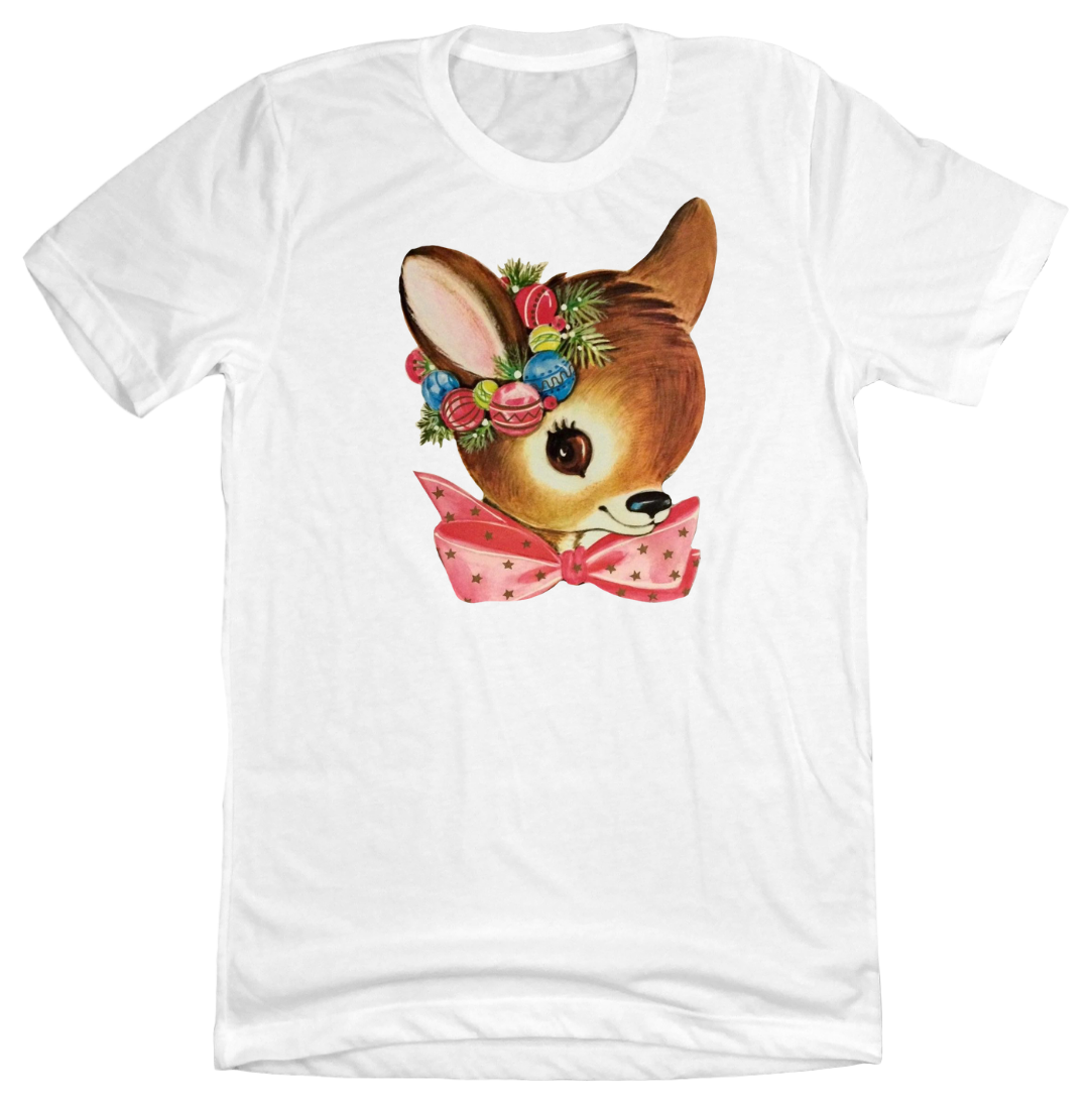 Vintage Reindeer with Pink Rainbow Dressing Festive white T-shirt