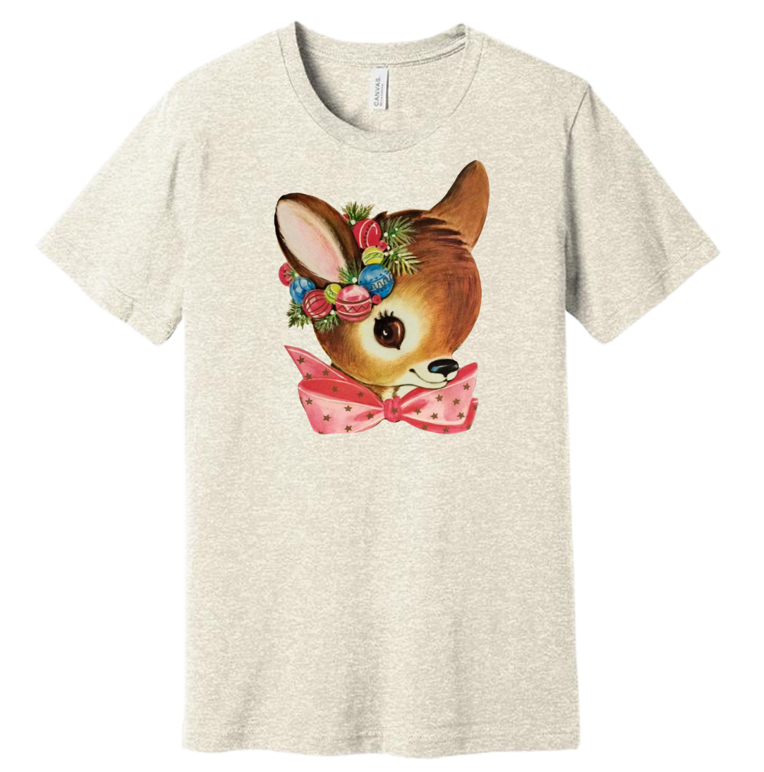 Vintage Reindeer with Pink Rainbow Dressing Festive oatmeal T-shirt
