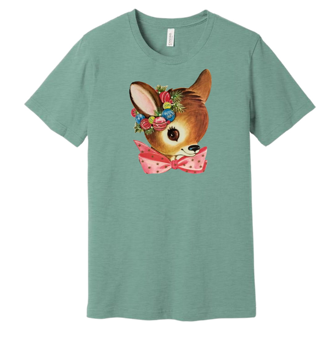 Vintage Reindeer with Pink Rainbow Dressing Festive dusty blue T-shirt
