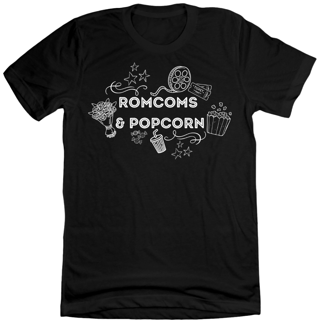 Rom Coms & Popcorn Dressing Festive black tee