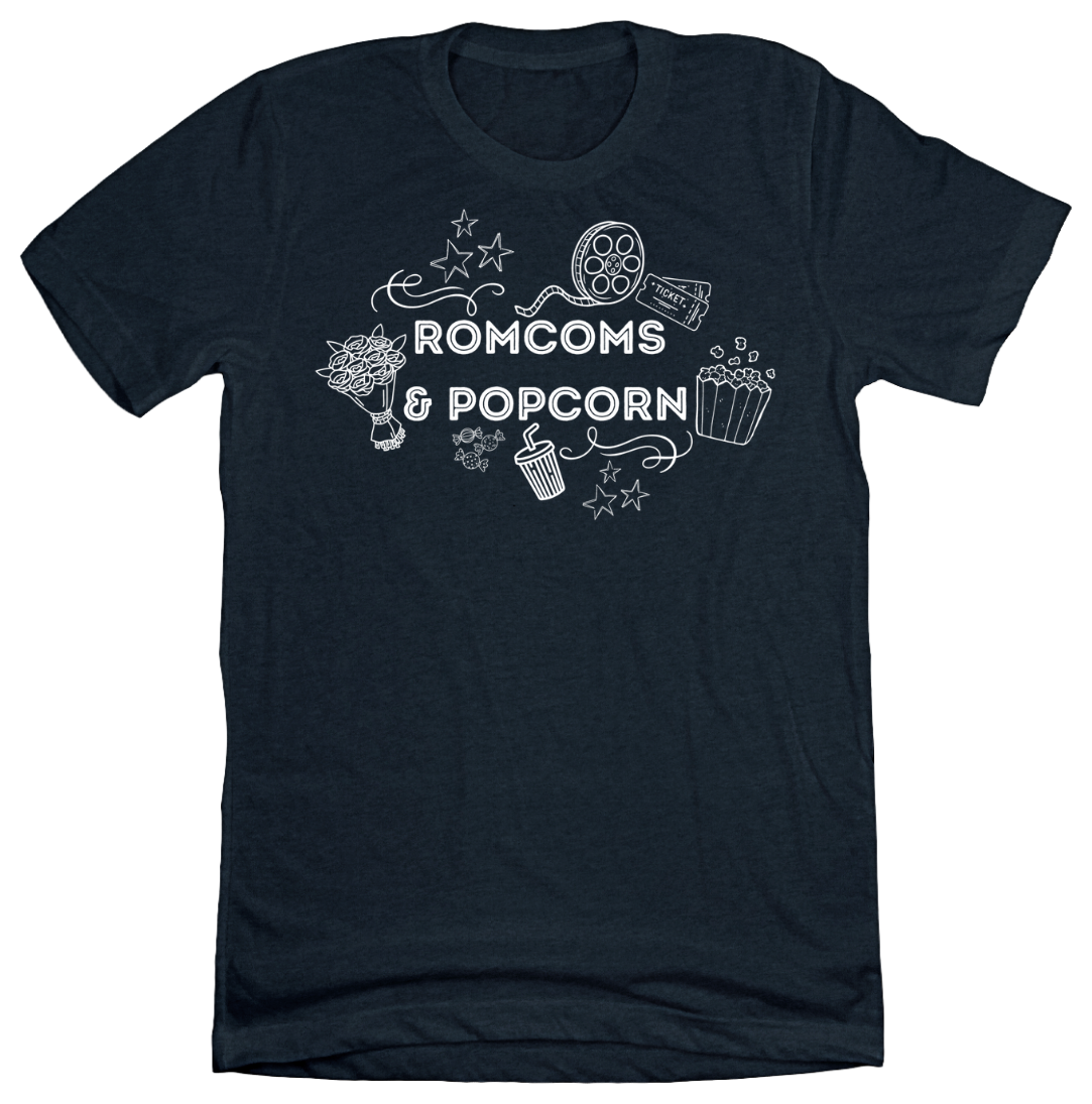 Rom Coms & Popcorn Dressing Festive navy tee