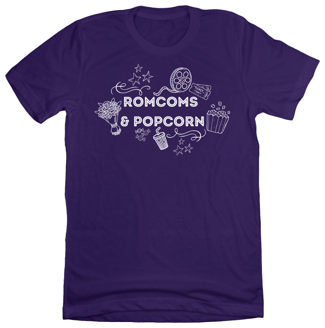 Rom Coms & Popcorn Dressing Festive purple tee