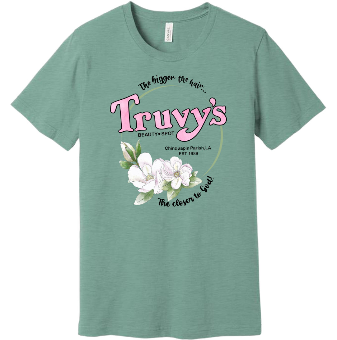 Truvy's Beauty Spot Steel Magnolia's Dressing Festive  dusty blue T-shirt
