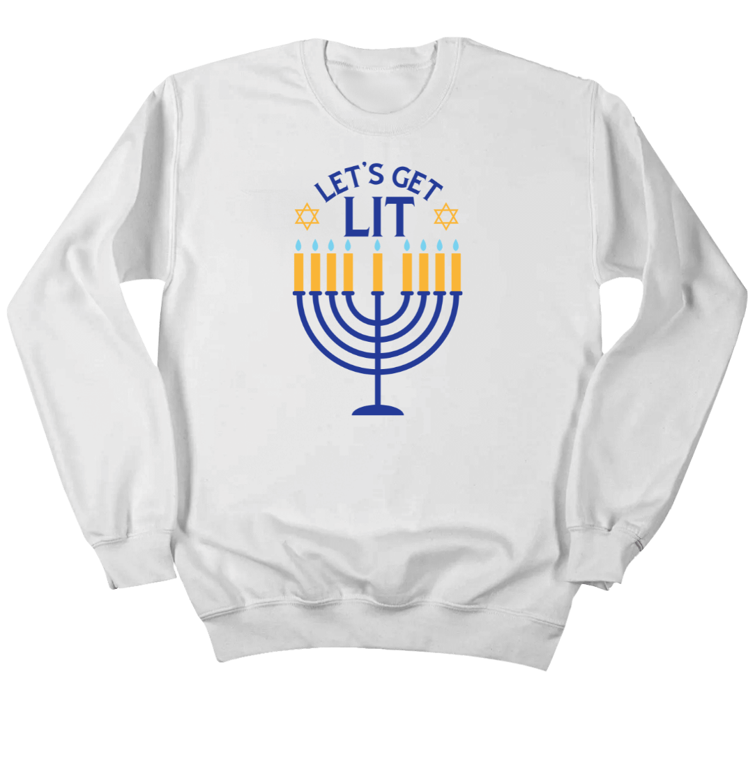 Hanukkah Lets Get Lit Dressing Festive white crewneck T-shirt